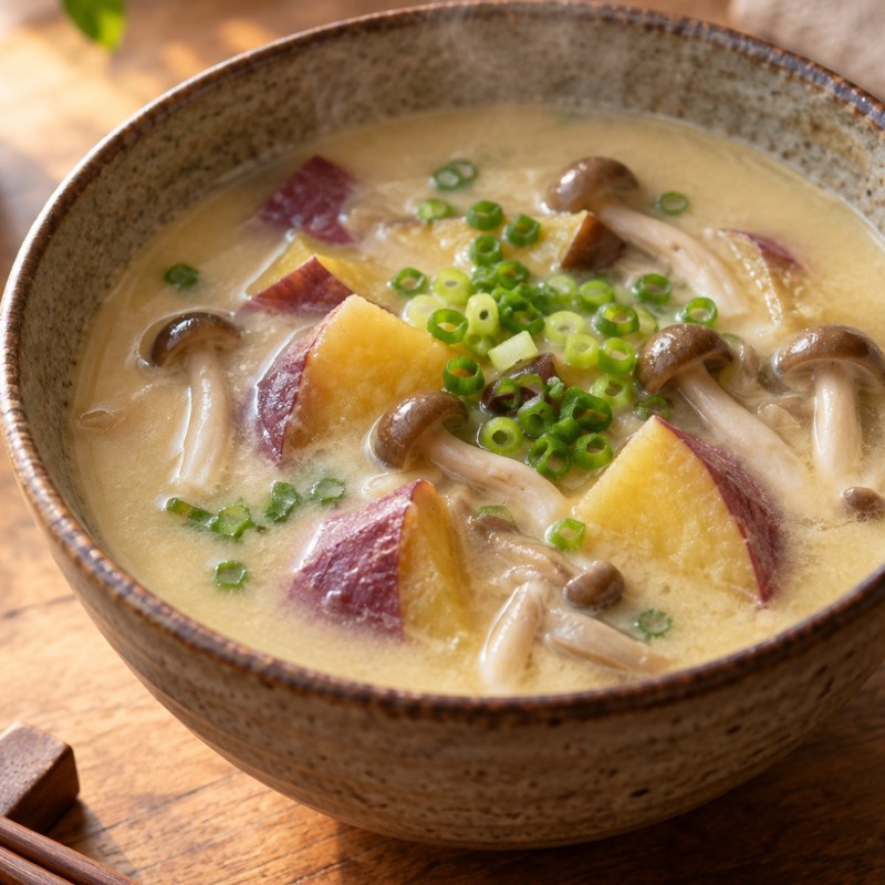 煮るだけ10分。さつまいもとしめじの豆乳みそ汁の完成写真
