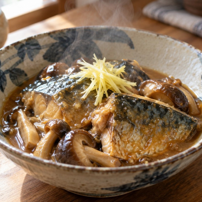 霜降りで臭み消し。鯖ときのこの20分みそ煮の完成写真