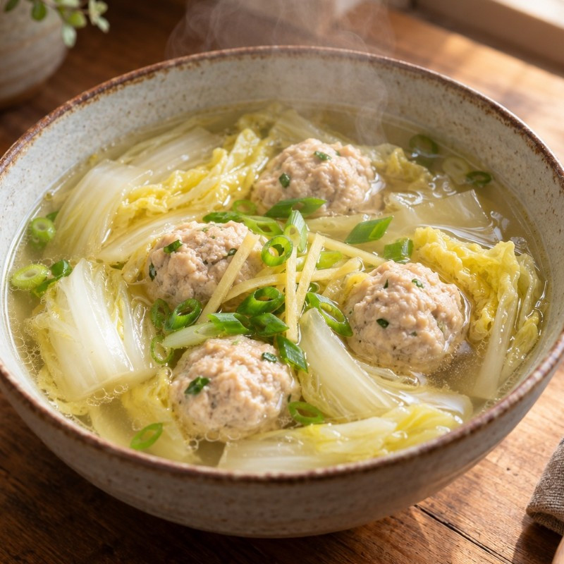 煮込み7分、フライパン1つ。白菜と鶏だんごのしょうがスープの完成写真