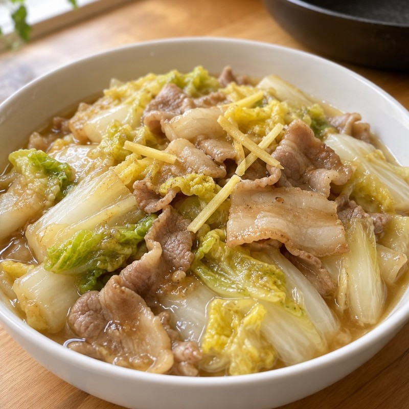 フライパン1つ15分。白菜と豚バラのとろみ中華煮の完成写真