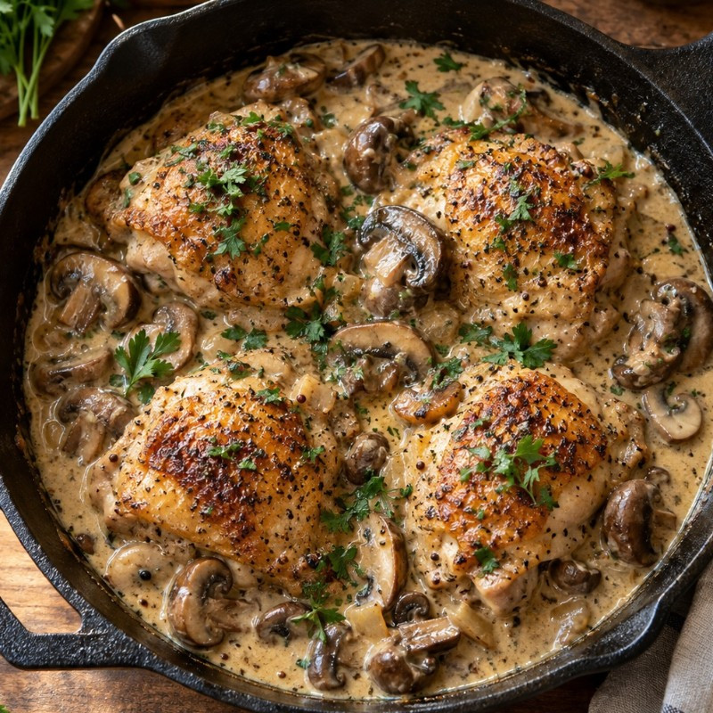 フライパン1つで20分。鶏もも肉ときのこの粒マスタード煮込みの完成写真