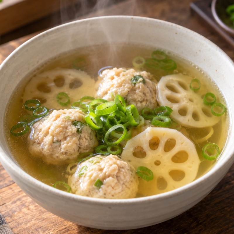 鍋で10分。れんこんと鶏だんごのしょうが風味スープの完成写真