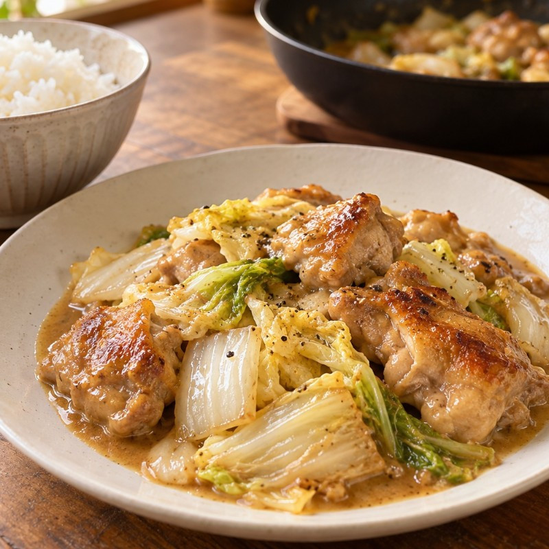 フライパン1つ15分。鶏もも肉と白菜のデミクリーム煮の完成写真