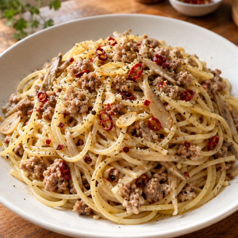 フライパン1つ15分。ごぼうとひき肉のペペロンチーノの完成写真