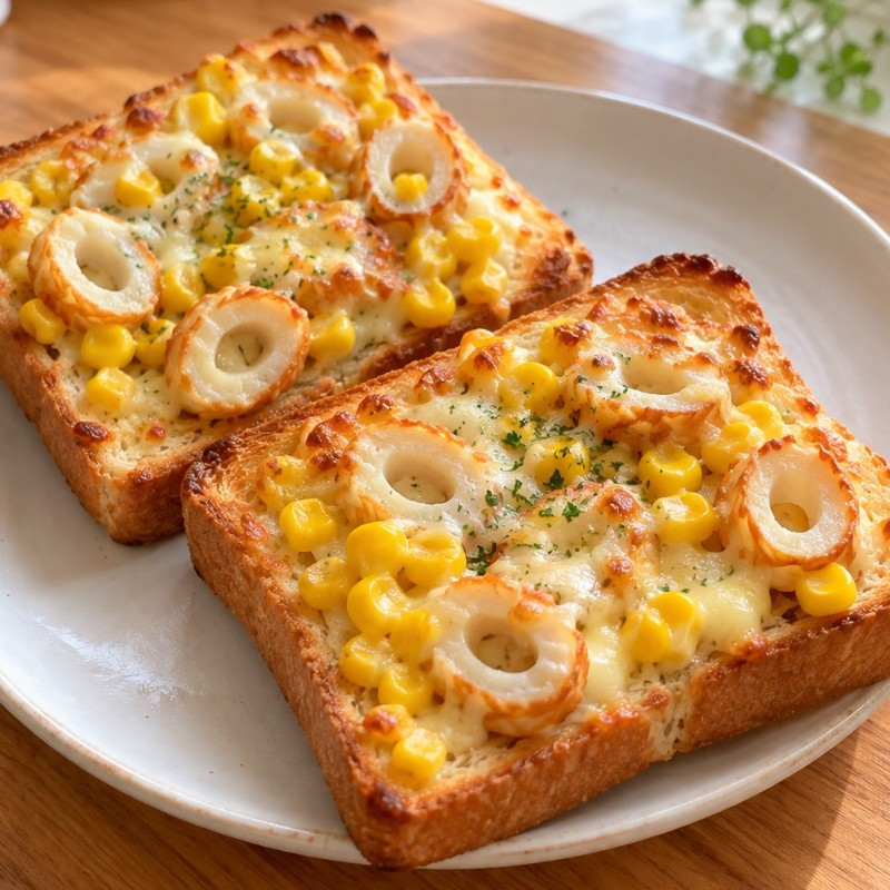 トースター8分。ちくわとコーンのマヨしょうゆトーストの完成写真