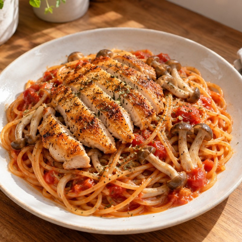 フライパン1つ15分。きのこと鶏むね肉のバジルトマトパスタの完成写真
