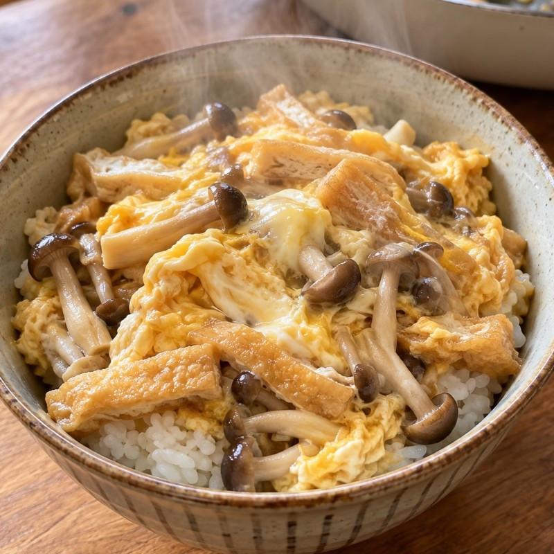 フライパン1つ10分。しめじと油揚げの卵とじ丼風の完成写真