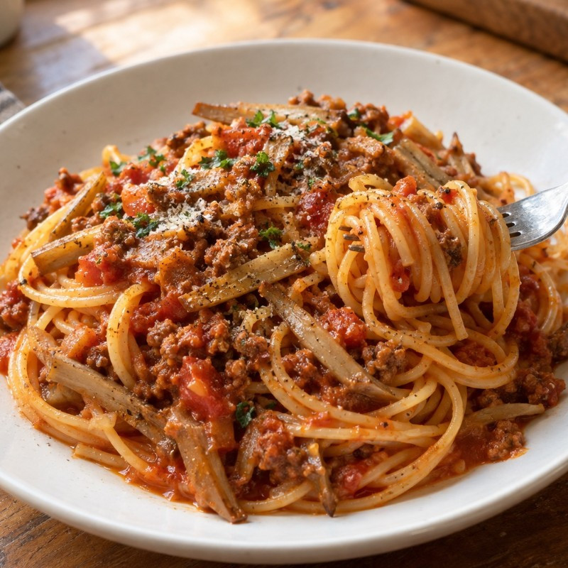 フライパン1つ15分。ごぼうと豚ひき肉のトマトミートパスタの完成写真