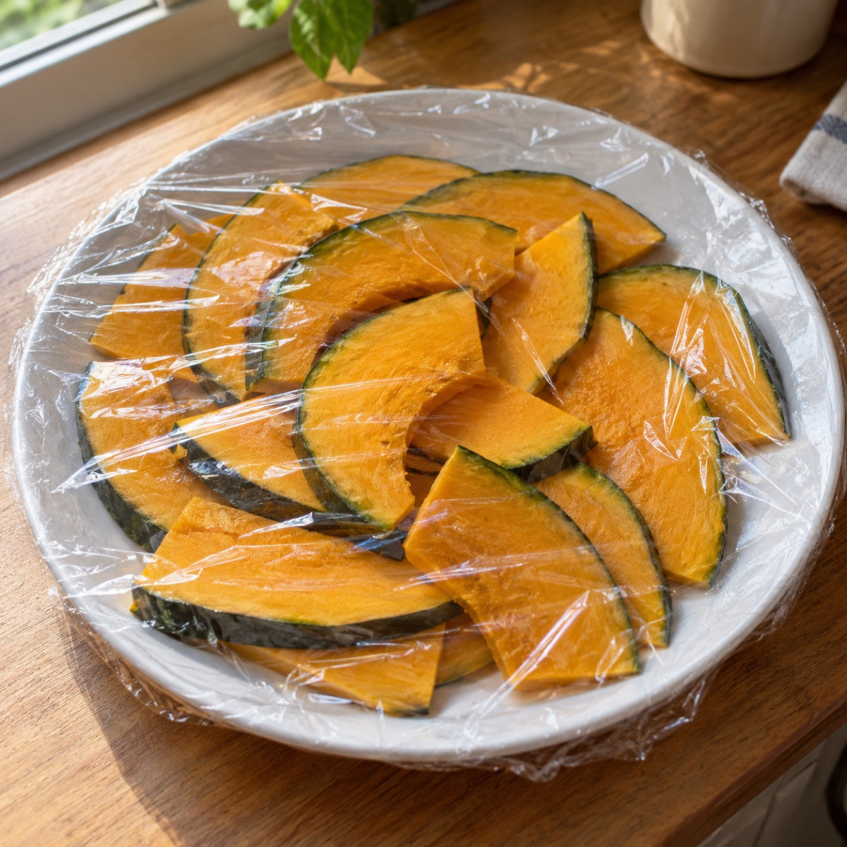 耐熱皿3分で下ごしらえ。鶏むねとかぼちゃのガパオ風炒めの作り方ステップ1