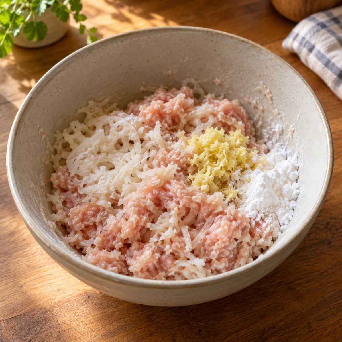 れんこん半分だけすりおろし。もちもち鶏だんご中華スープの作り方ステップ2