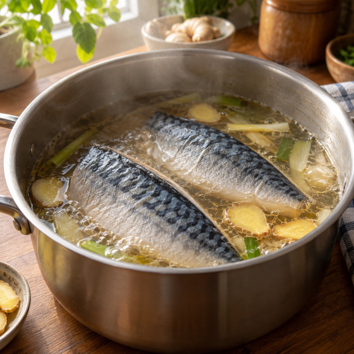 霜降りで臭み消し。鯖ときのこの20分みそ煮の作り方ステップ3