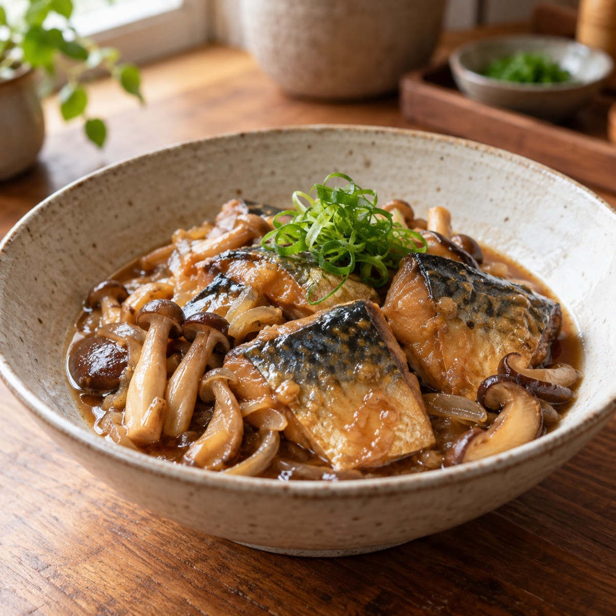 霜降りで臭み消し。鯖ときのこの20分みそ煮の作り方ステップ5