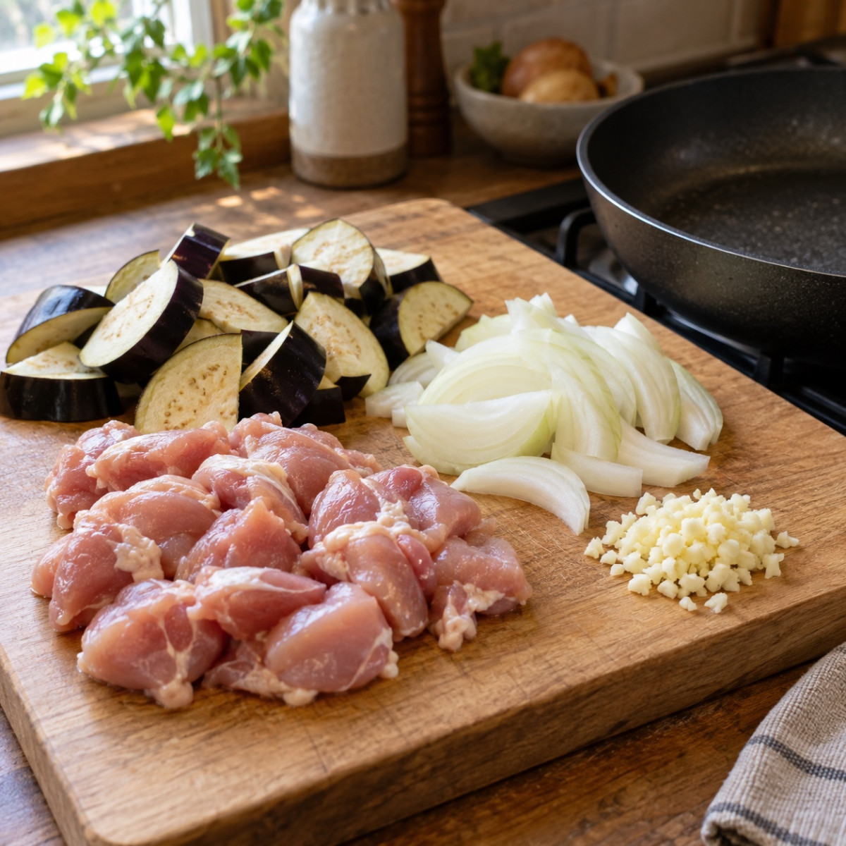 フライパン1つ。なすと鶏ももの秋バルサミコ煮込みの作り方ステップ1