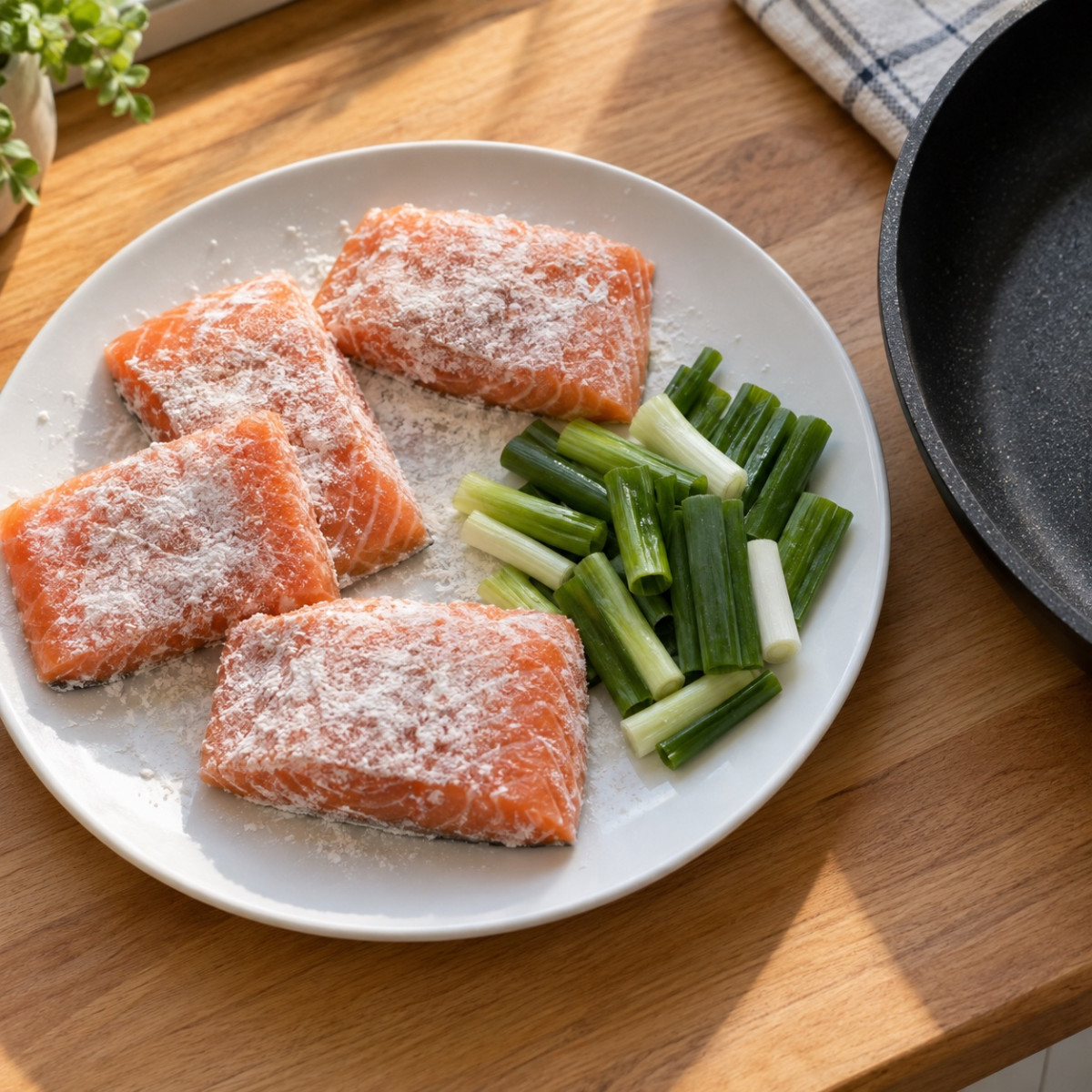 フライパン1つ15分。秋鮭と長ねぎのしょうが照り焼きの作り方ステップ1