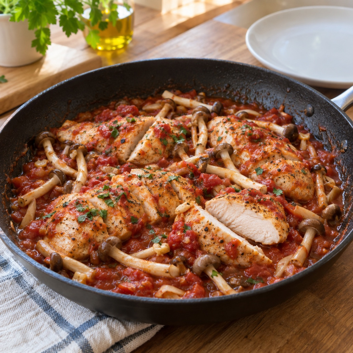 フライパン1つ15分。鶏むね肉ときのこのカチャトーラ風の作り方ステップ5