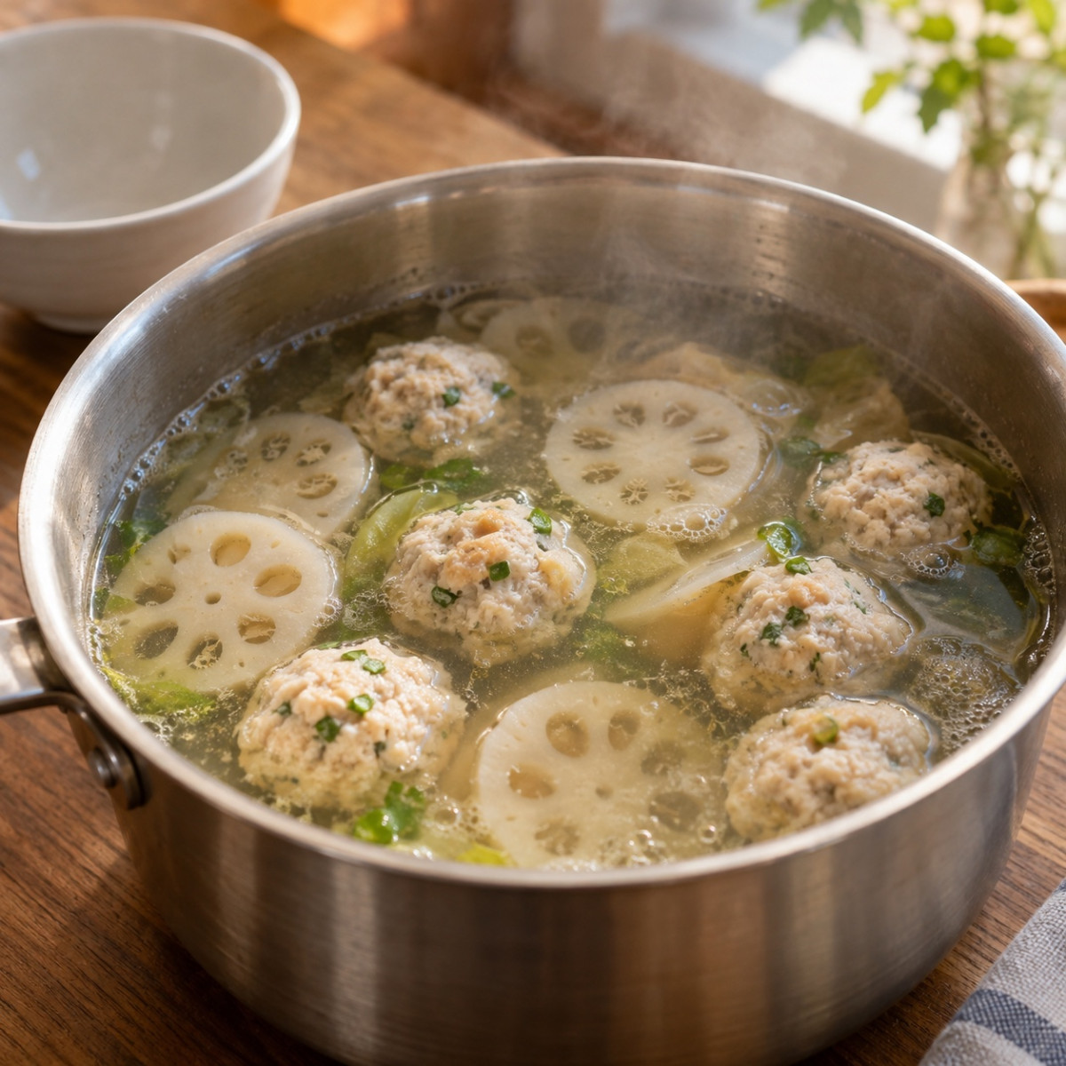 鍋で10分。れんこんと鶏だんごのしょうが風味スープの作り方ステップ4