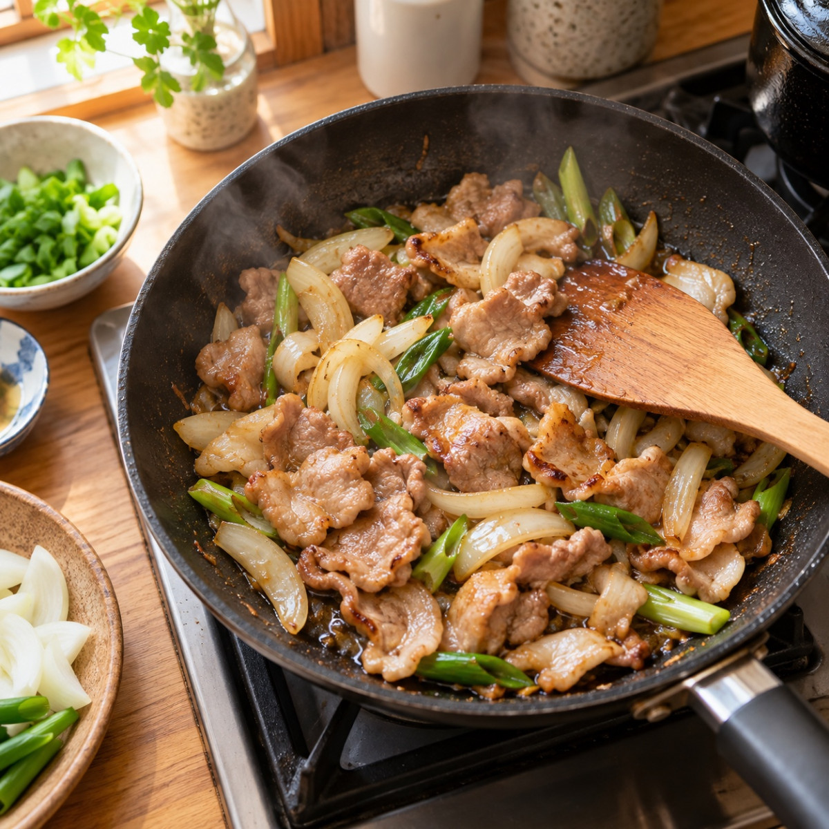 フライパン1つ10分。豚こまときのこの中華あんかけ卵とじの作り方ステップ2