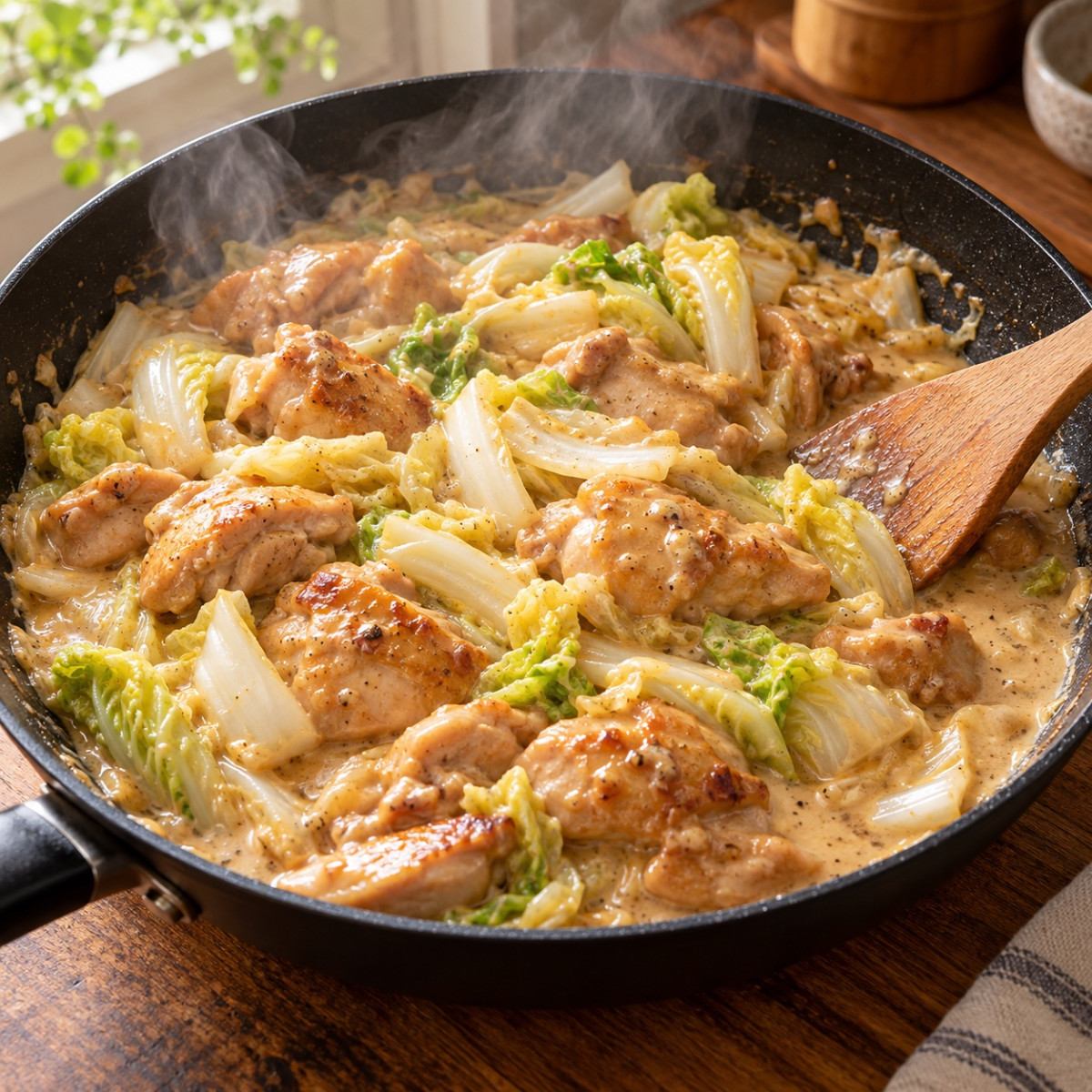 フライパン1つ15分。鶏もも肉と白菜のデミクリーム煮の作り方ステップ5