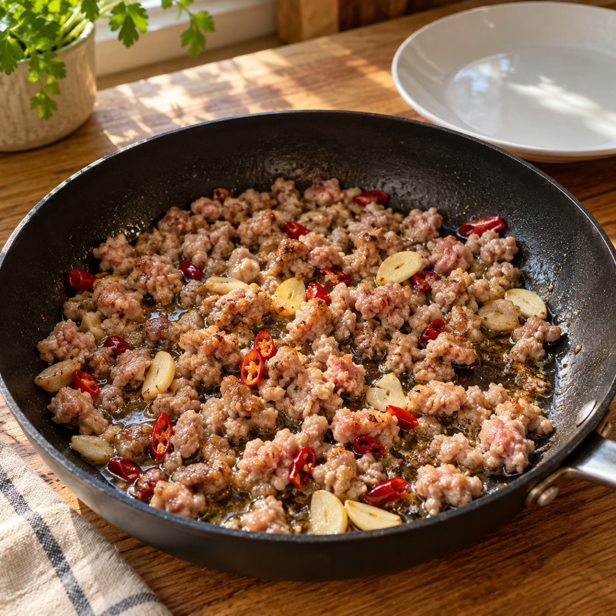 フライパン1つ15分。ごぼうとひき肉のペペロンチーノの作り方ステップ2
