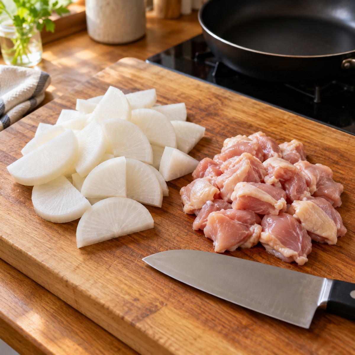 フライパン1つ15分。鶏もも肉と大根のこっくり照り煮の作り方ステップ1