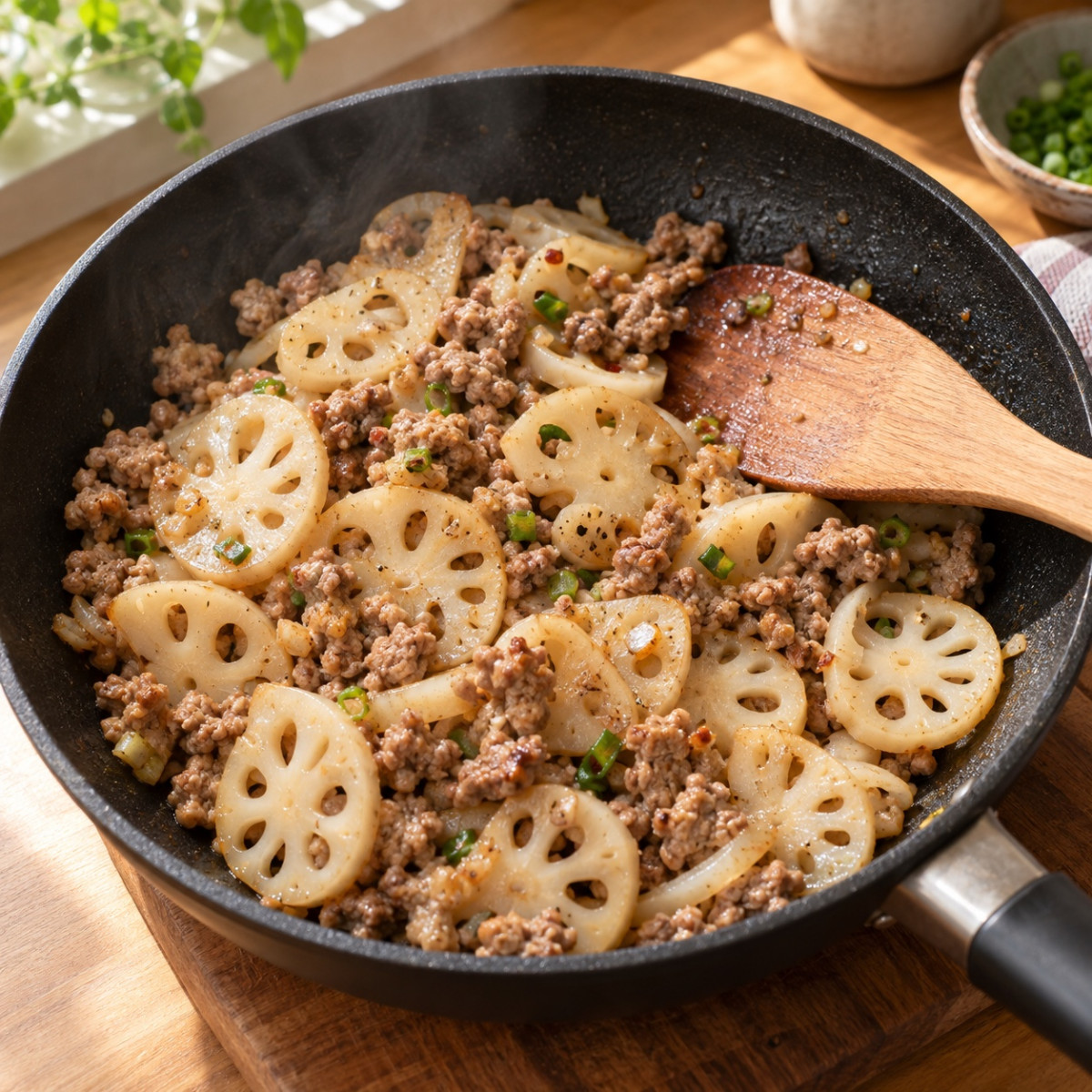 フライパン1つ10分。れんこんと豚ひき肉の甘酢あんかけの作り方ステップ3