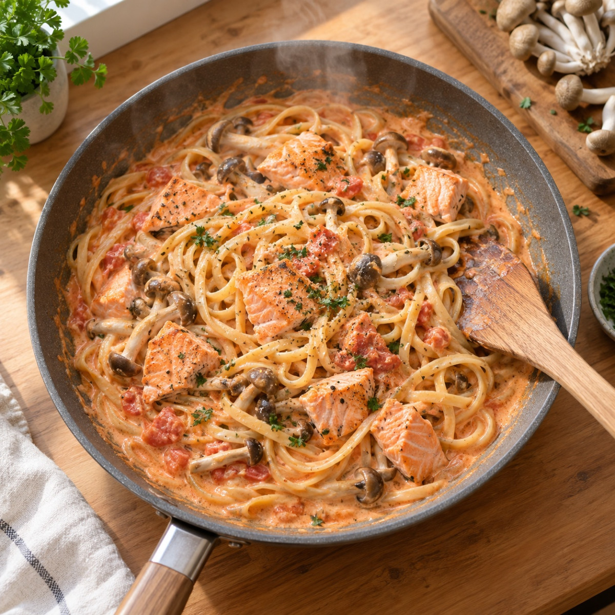 フライパン1つ15分。秋鮭ときのこのトマトクリームパスタの作り方ステップ5