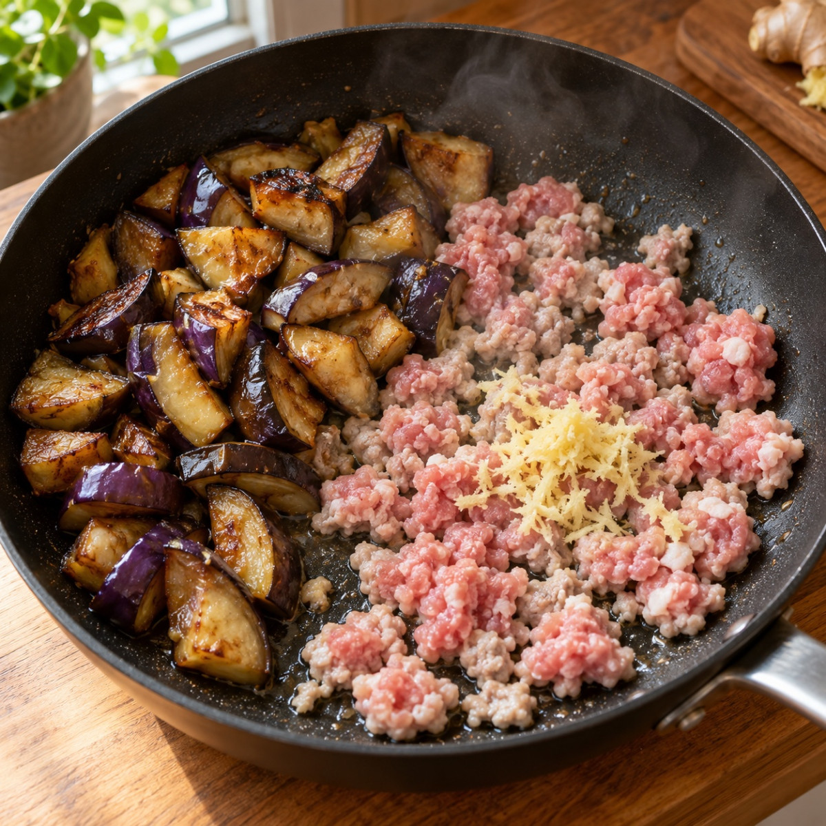 フライパン1つ10分。なすとひき肉の甘辛みそ炒めの作り方ステップ3