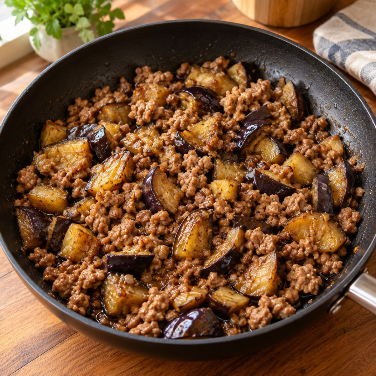 フライパン1つ10分。なすとひき肉の甘辛みそ炒めの作り方ステップ4