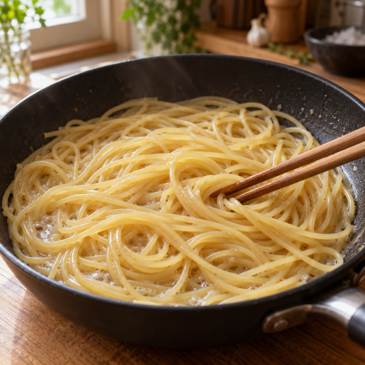 フライパン1つ15分。しめじとベーコンの和風バターパスタの作り方ステップ3