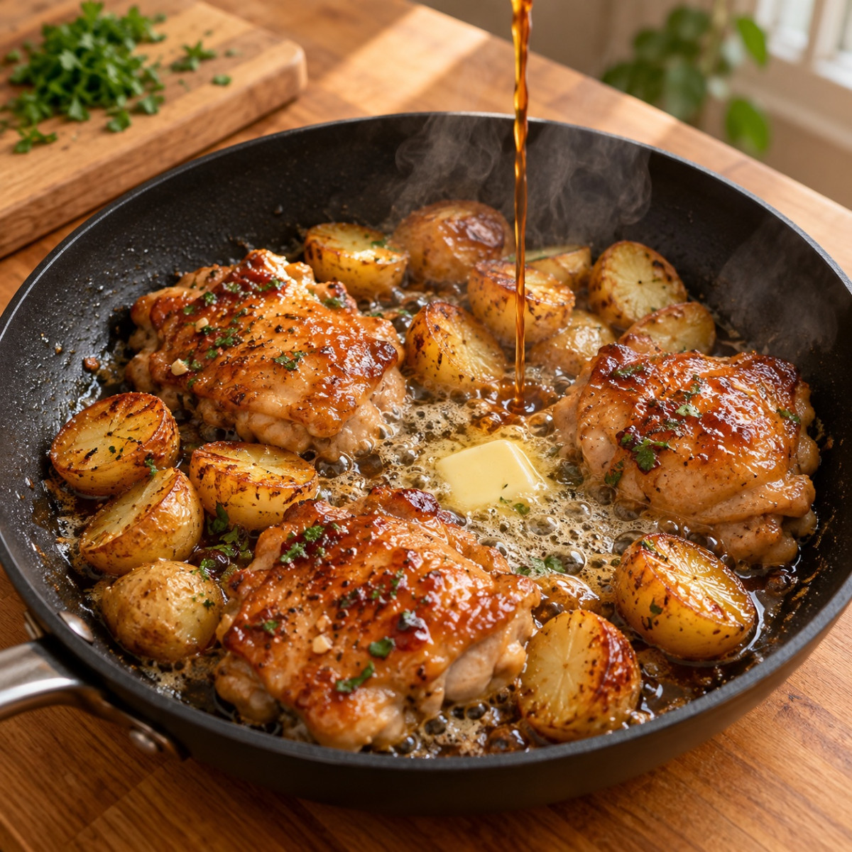フライパン1つ15分。鶏もも肉とじゃがいものバターポン酢ソテーの作り方ステップ5