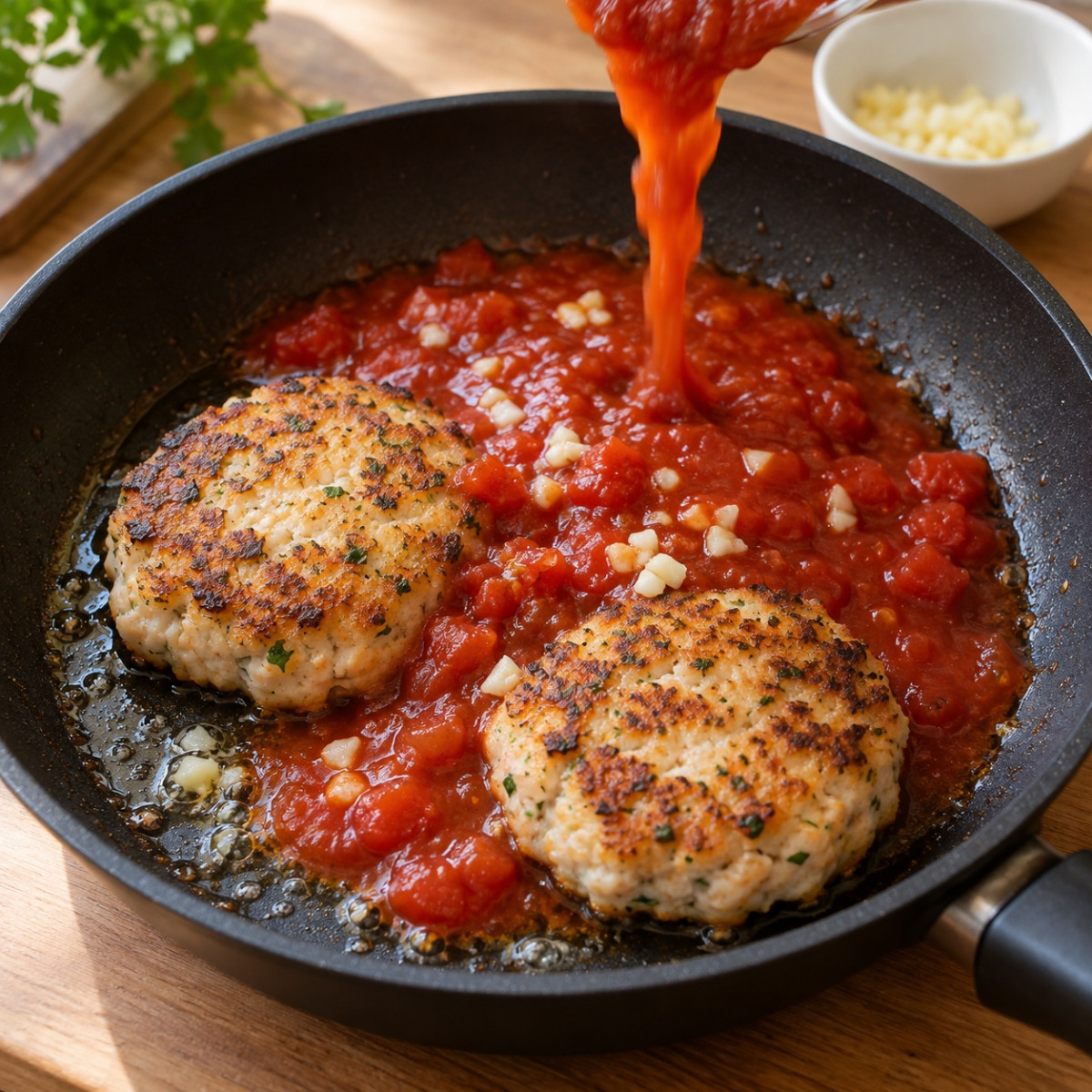 フライパン1つ15分。さんまのトマト煮込みハンバーグ風の作り方ステップ3