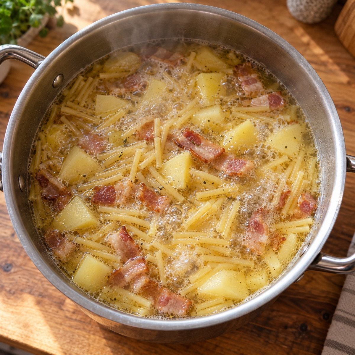 鍋1つ15分。じゃがいもとベーコンのペペロンチーノ風スープパスタの作り方ステップ4