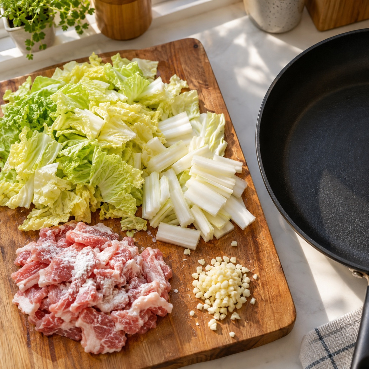 フライパン1つ10分。白菜と豚こまのピリ辛中華炒めの作り方ステップ1