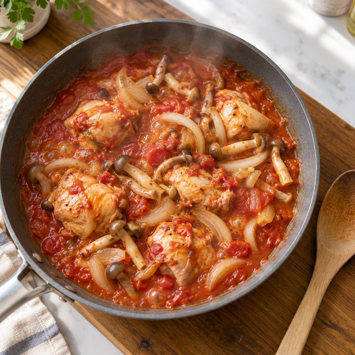フライパン1つ15分。きのこと鶏むね肉のバジルトマトパスタの作り方ステップ3