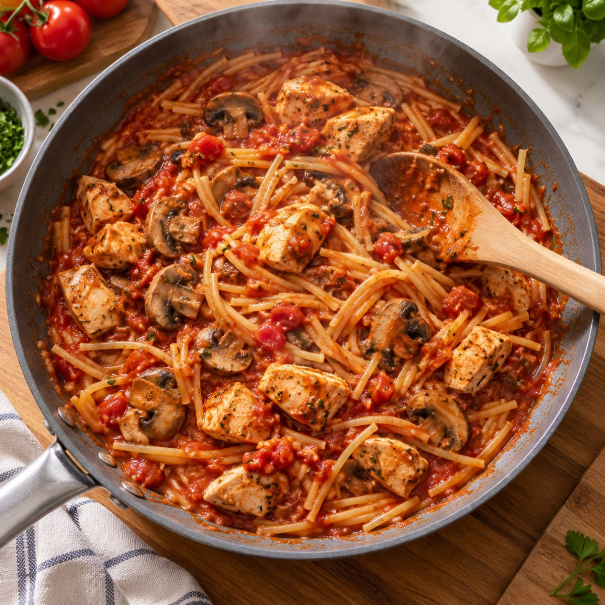 フライパン1つ15分。きのこと鶏むね肉のバジルトマトパスタの作り方ステップ4
