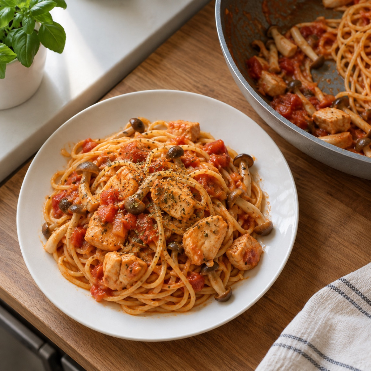 フライパン1つ15分。きのこと鶏むね肉のバジルトマトパスタの作り方ステップ5