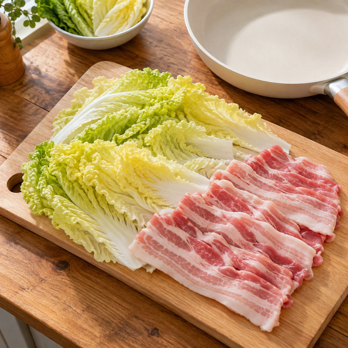 フライパン1つ15分。豚バラと白菜のミルフィーユ風とろみ煮の作り方ステップ1