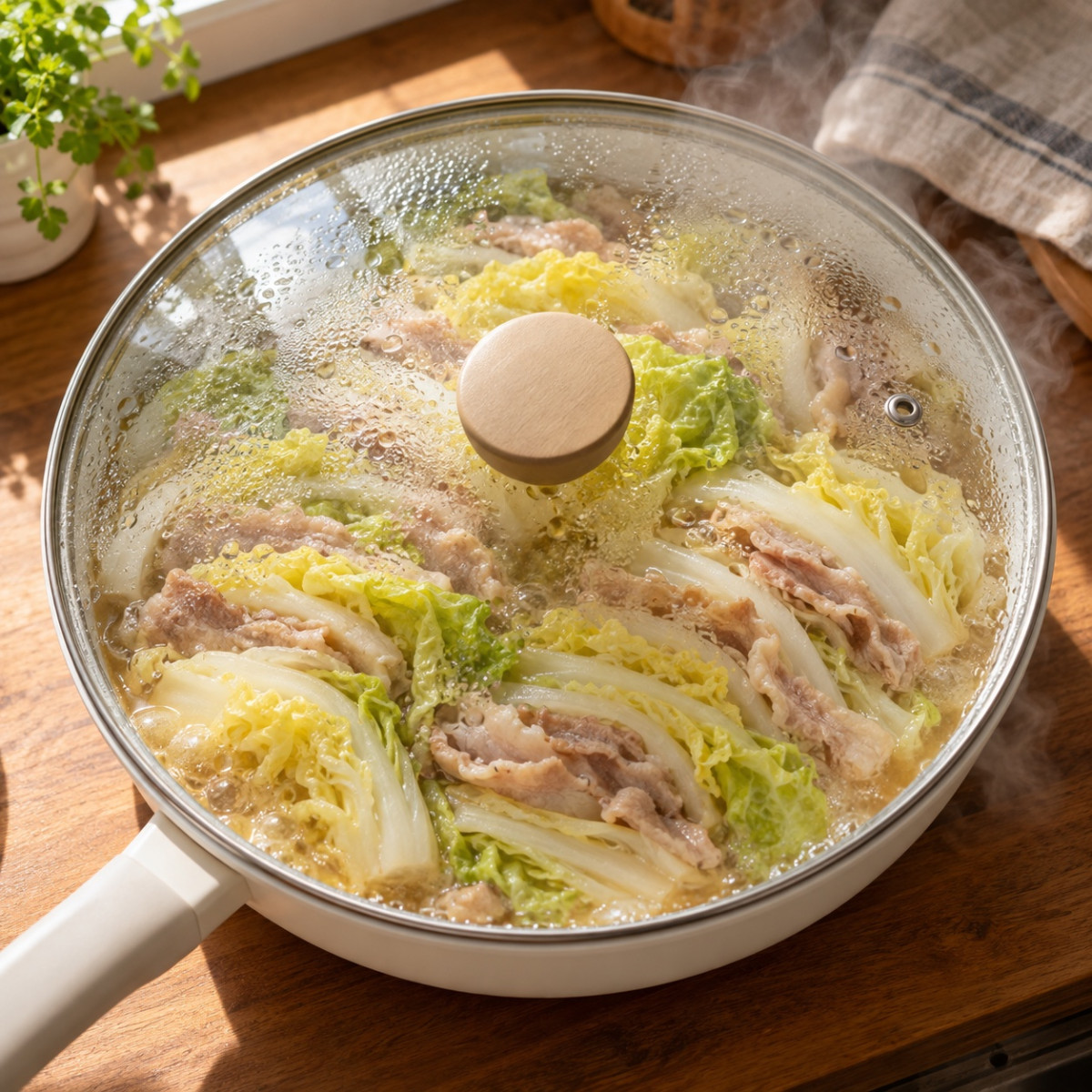 フライパン1つ15分。豚バラと白菜のミルフィーユ風とろみ煮の作り方ステップ3