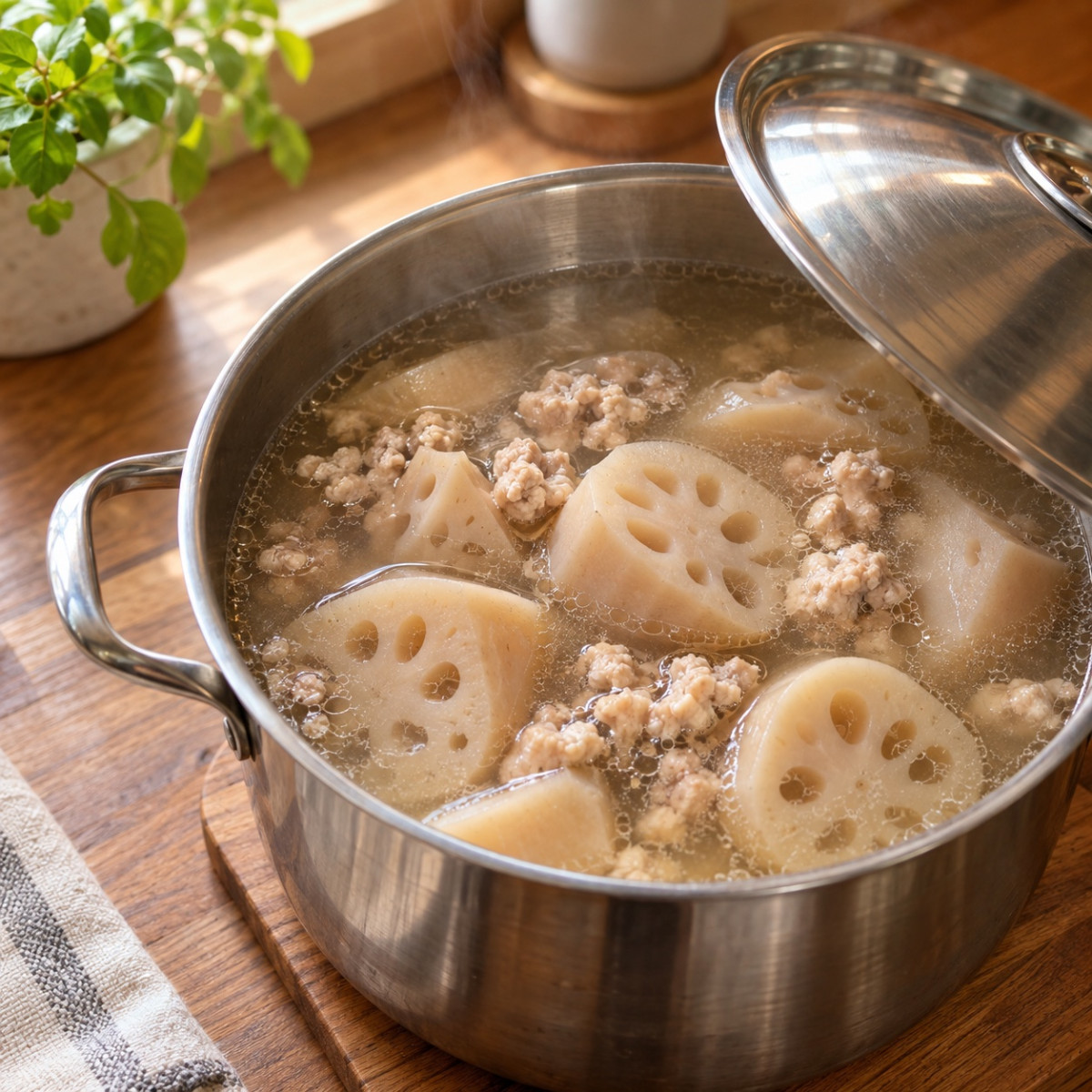 鍋1つ15分。鶏ひき肉とれんこんのごろごろ塩麹スープの作り方ステップ4
