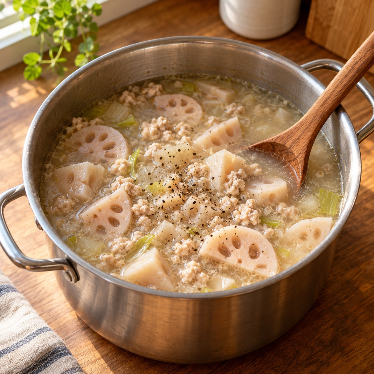 鍋1つ15分。鶏ひき肉とれんこんのごろごろ塩麹スープの作り方ステップ5