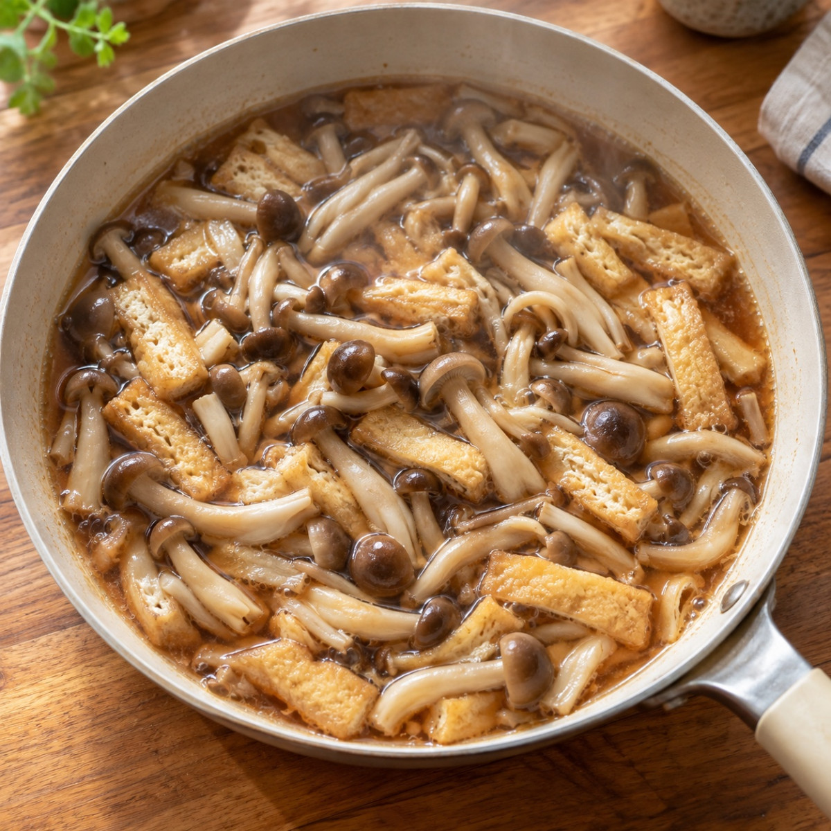 フライパン1つ10分。しめじと油揚げの卵とじ丼風の作り方ステップ3