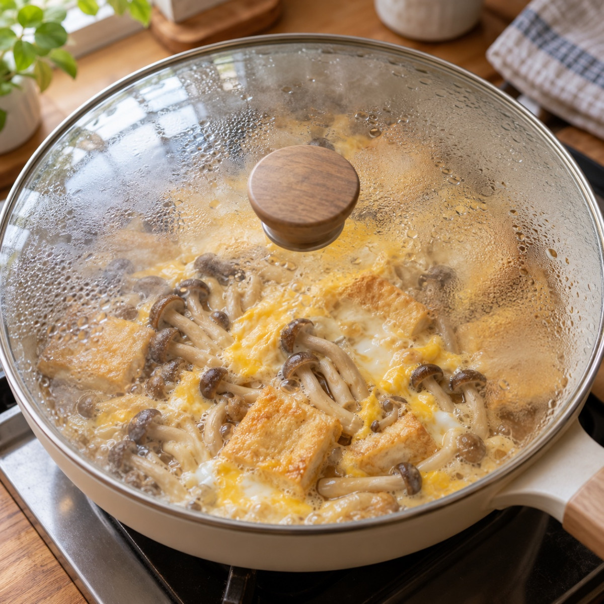 フライパン1つ10分。しめじと油揚げの卵とじ丼風の作り方ステップ4