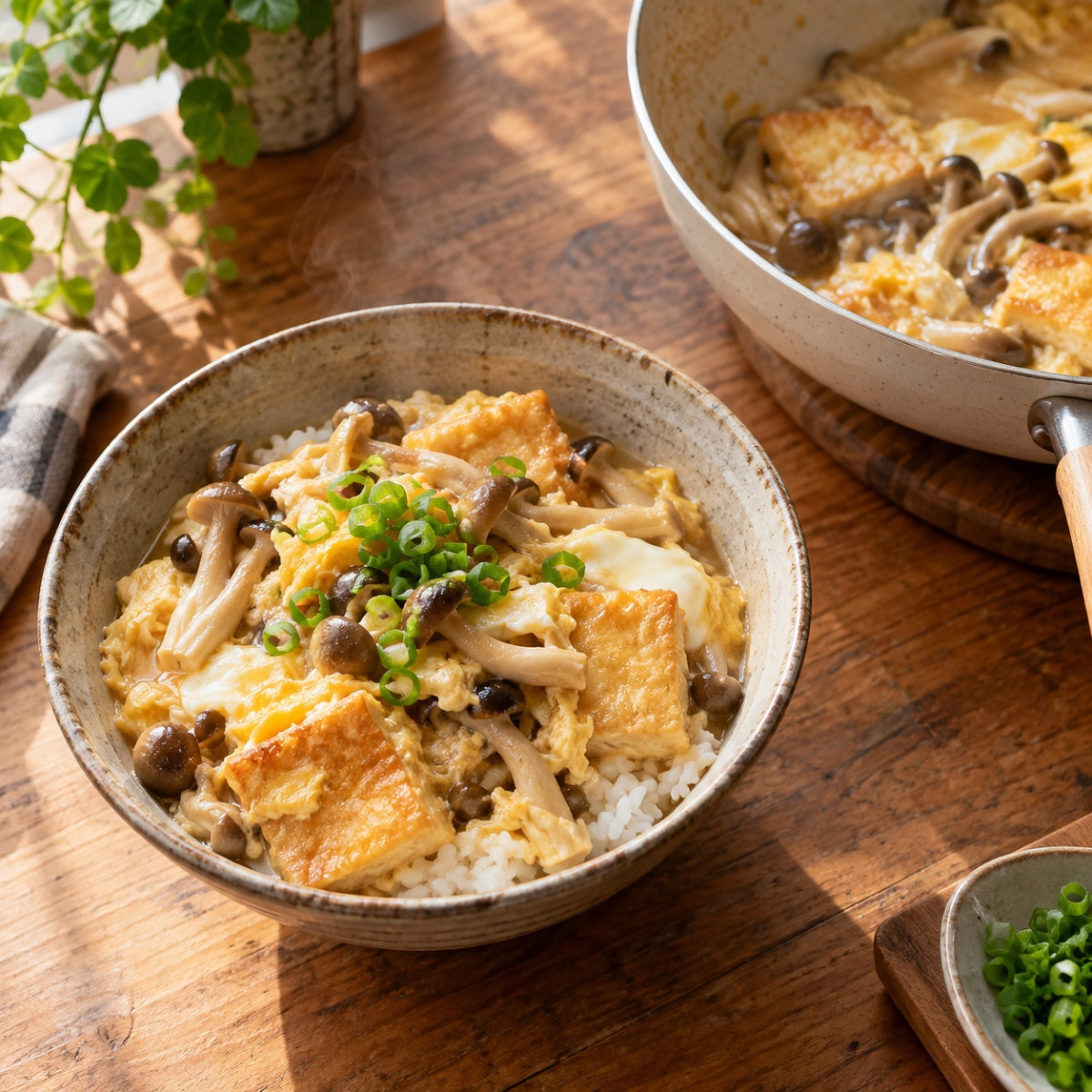 フライパン1つ10分。しめじと油揚げの卵とじ丼風の作り方ステップ5