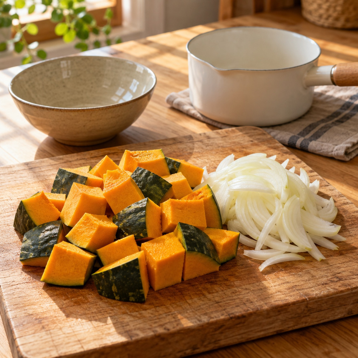 鍋1つ15分。かぼちゃと豆乳のとろとろ味噌スープの作り方ステップ1