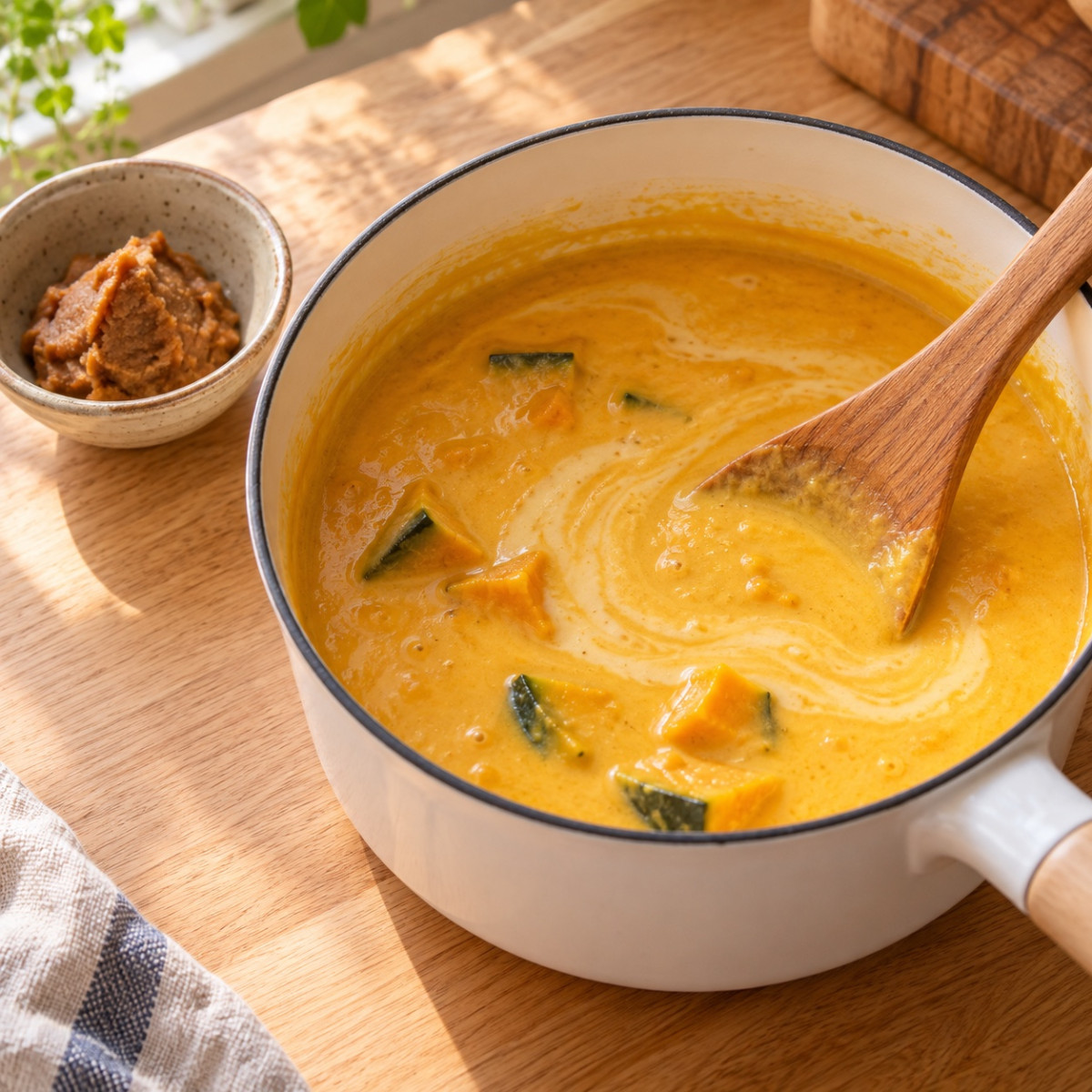 鍋1つ15分。かぼちゃと豆乳のとろとろ味噌スープの作り方ステップ5
