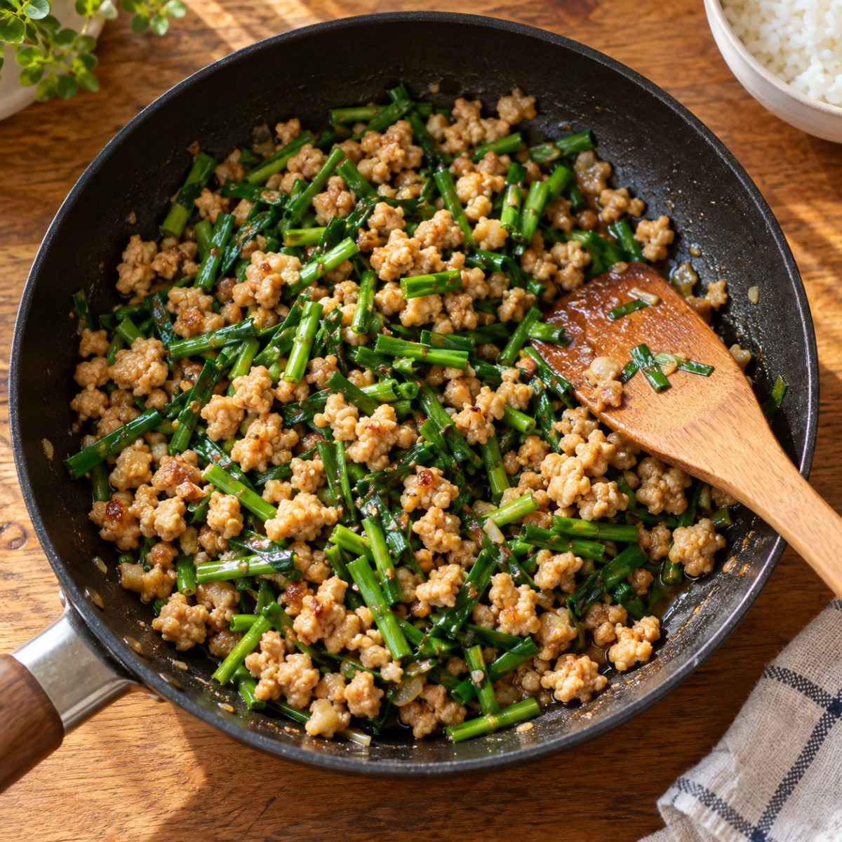 フライパン1つ10分。鶏ひき肉とにらのエスニックそぼろごはんの作り方ステップ5