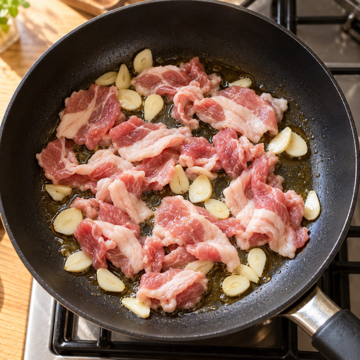 フライパン1つ10分。ちんげん菜と豚こまの塩にんにく炒めの作り方ステップ2