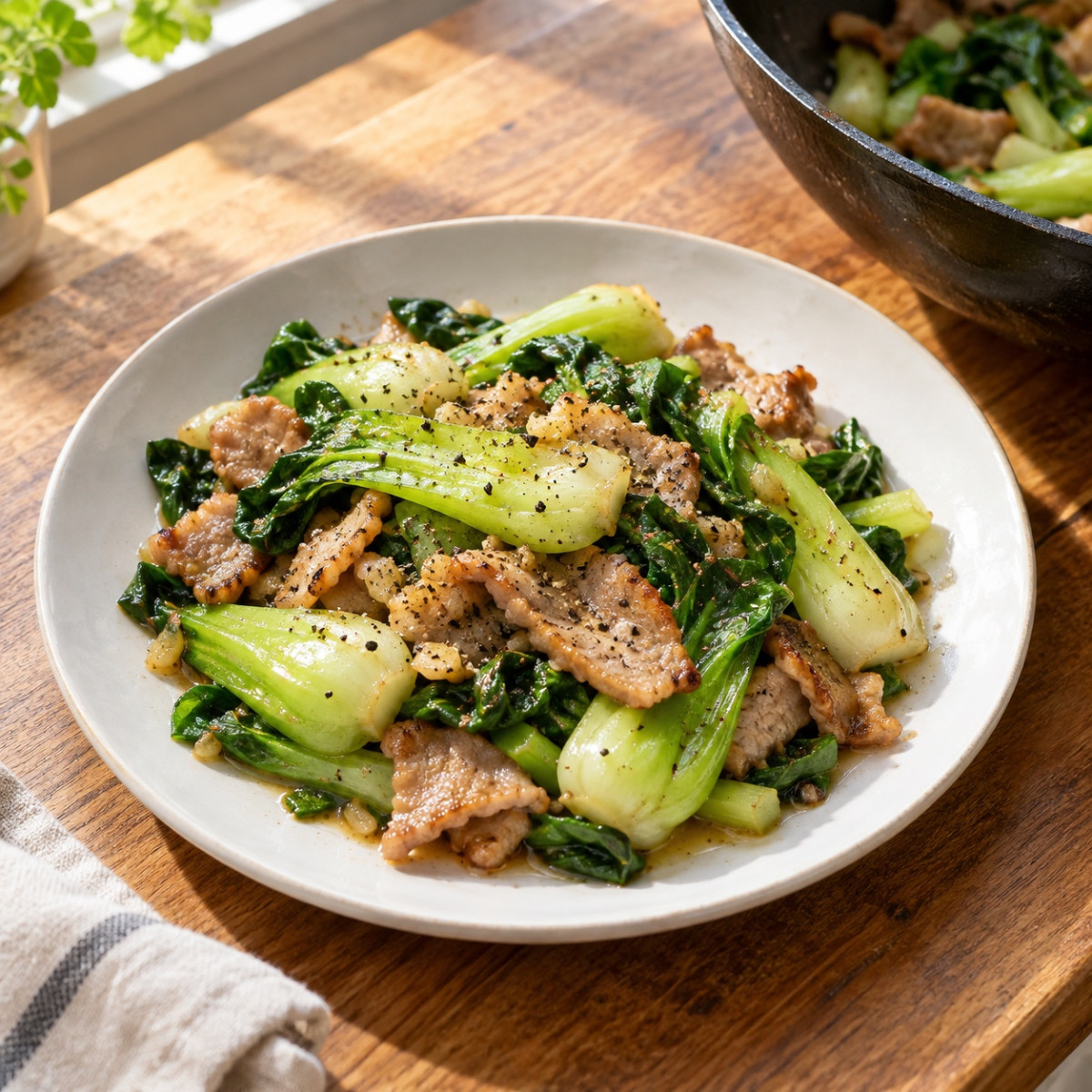 フライパン1つ10分。ちんげん菜と豚こまの塩にんにく炒めの作り方ステップ5