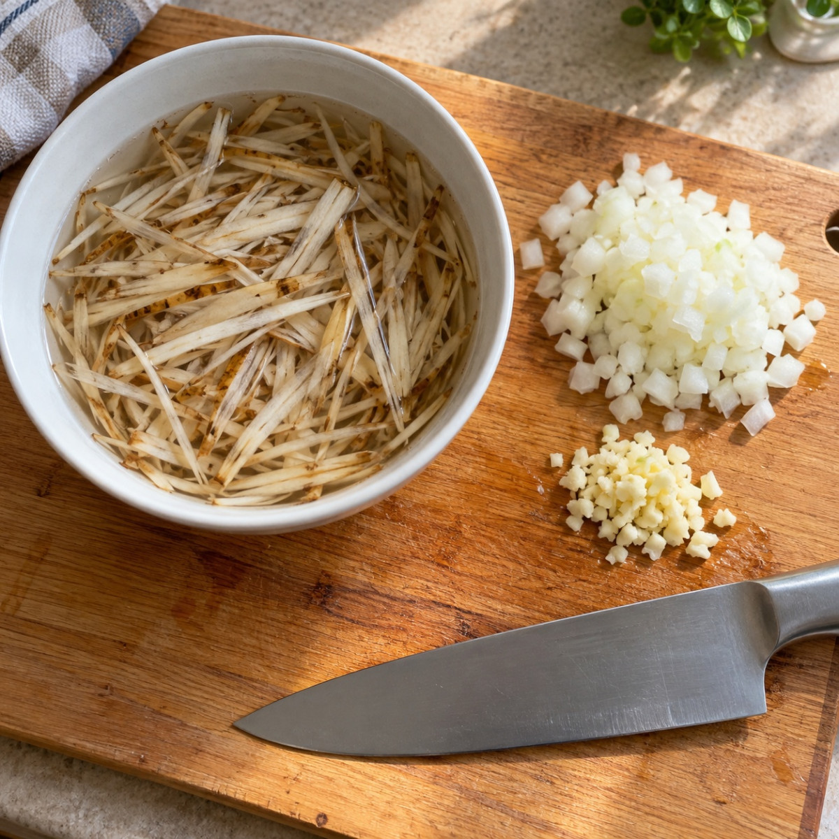 フライパン1つ15分。ごぼうと豚ひき肉のトマトミートパスタの作り方ステップ1