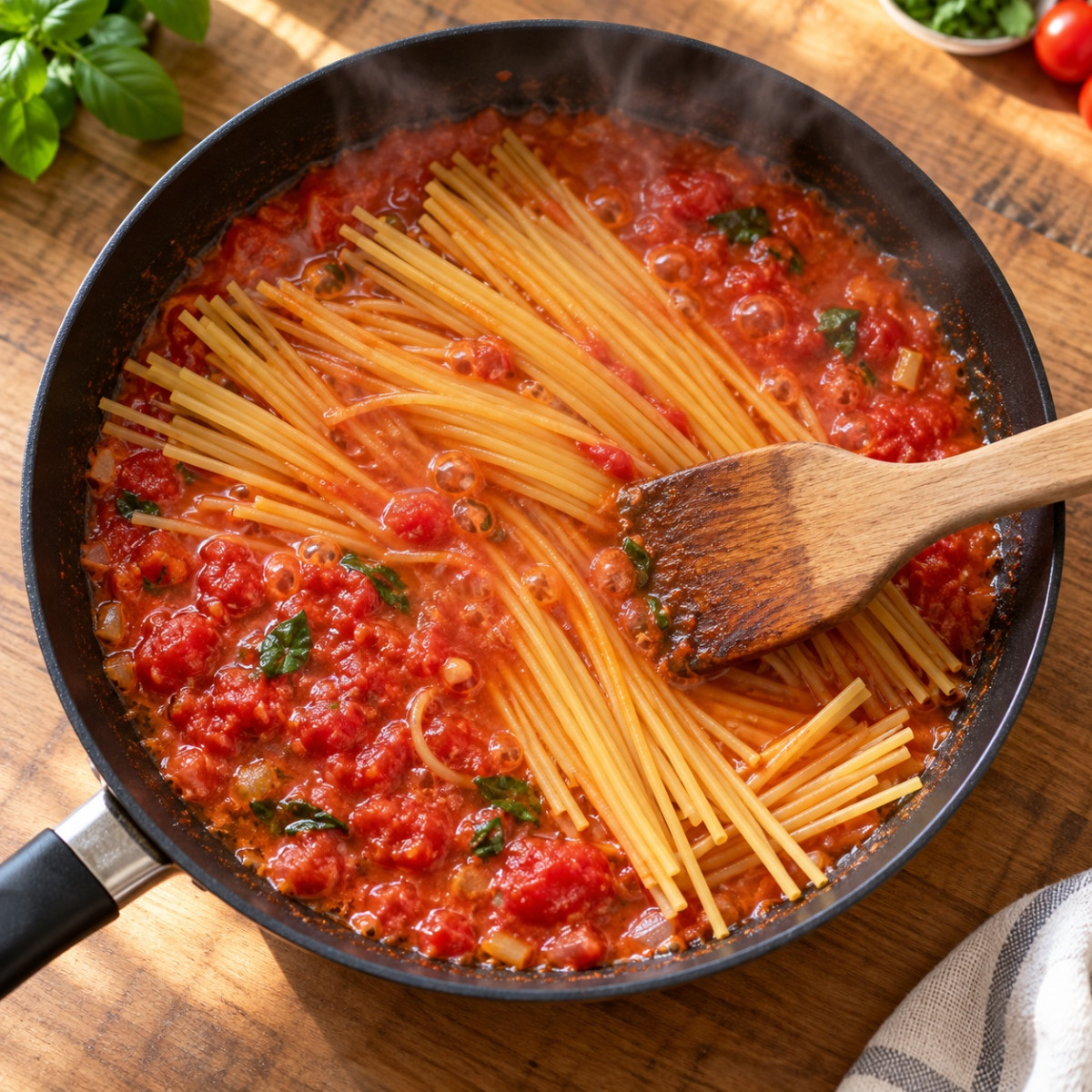 フライパン1つ15分。ごぼうと豚ひき肉のトマトミートパスタの作り方ステップ3